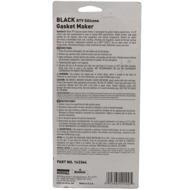 Dynatex Black RTV Silicone Gasket Maker 3 oz Tube - Oxygen Sensor Safe, OEM Specs, 500°F Hi-Temp, Oil/Water Resistant, Made in the USA (4-Pack)