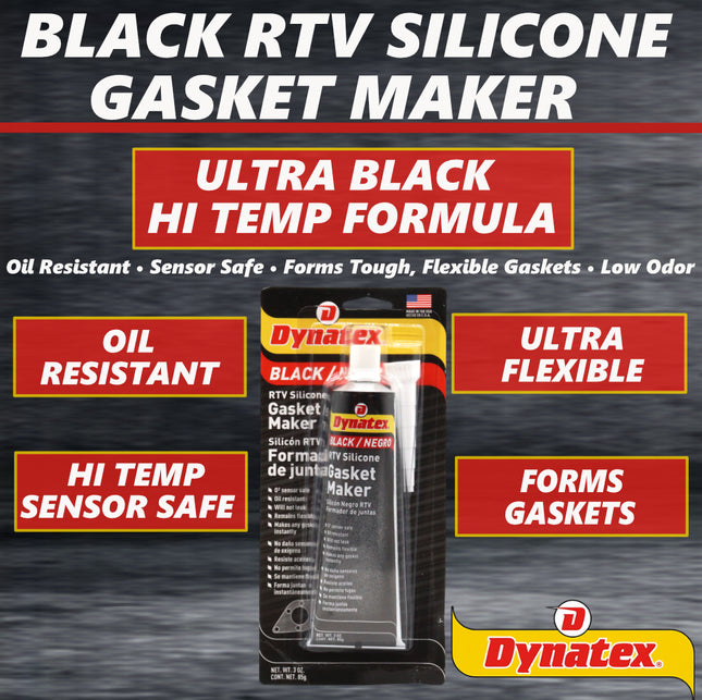 Dynatex Black RTV Silicone Gasket Maker 3 oz Tube - Oxygen Sensor Safe, OEM Specs, 500°F Hi-Temp, Oil/Water Resistant, Made in the USA (4-Pack)