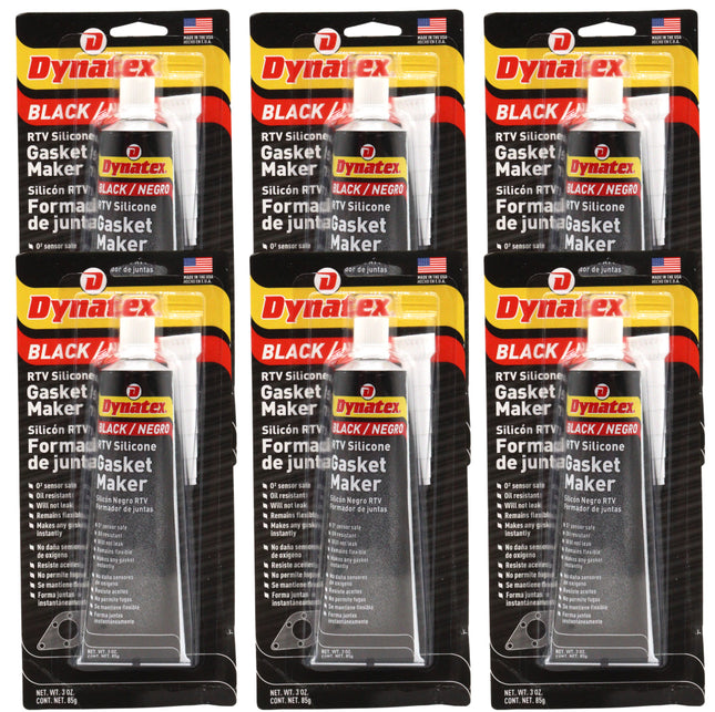 Dynatex Black RTV Silicone Gasket Maker 3 oz Tube - Oxygen Sensor Safe, OEM Specs, 500°F Hi-Temp, Oil/Water Resistant, Made in the USA (6-Pack)