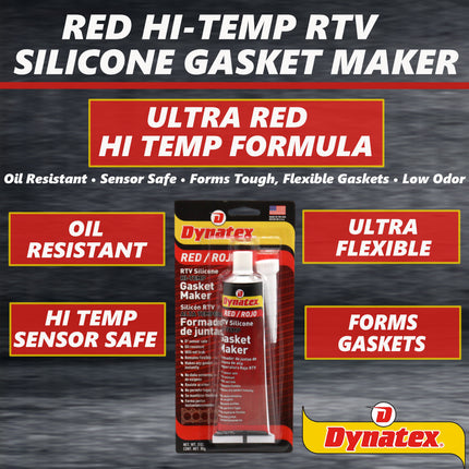 Dynatex Red Hi-Temp RTV Silicone Gasket Maker 3 oz Tube - Oxygen Sensor Safe, OEM Specs, 650 Degrees F Hi-Temp, Oil/Water Resistant, Made in the USA (12-Pack)