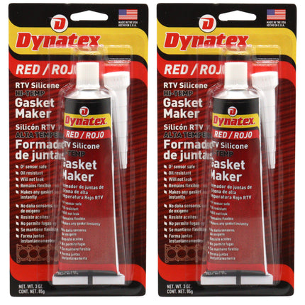Dynatex Red Hi-Temp RTV Silicone Gasket Maker 3 oz Tube - Oxygen Sensor Safe, OEM Specs, 650°F Hi-Temp, Oil/Water Resistant, Made in the USA (2-Pack)