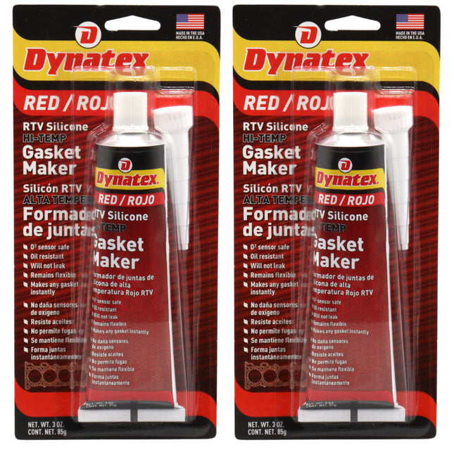 Dynatex Red Hi-Temp RTV Silicone Gasket Maker 3 oz Tube - Oxygen Sensor Safe, OEM Specs, 650°F Hi-Temp, Oil/Water Resistant, Made in the USA (2-Pack)