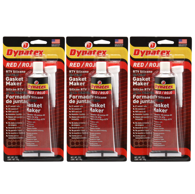 Dynatex Red Hi-Temp RTV Silicone Gasket Maker 3 oz Tube - Oxygen Sensor Safe, OEM Specs, 650°F Hi-Temp, Oil/Water Resistant, Made in the USA (3-Pack)