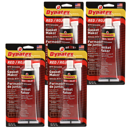 Dynatex Red Hi-Temp RTV Silicone Gasket Maker 3 oz Tube - Oxygen Sensor Safe, OEM Specs, 650°F Hi-Temp, Oil/Water Resistant, Made in the USA (4-Pack)