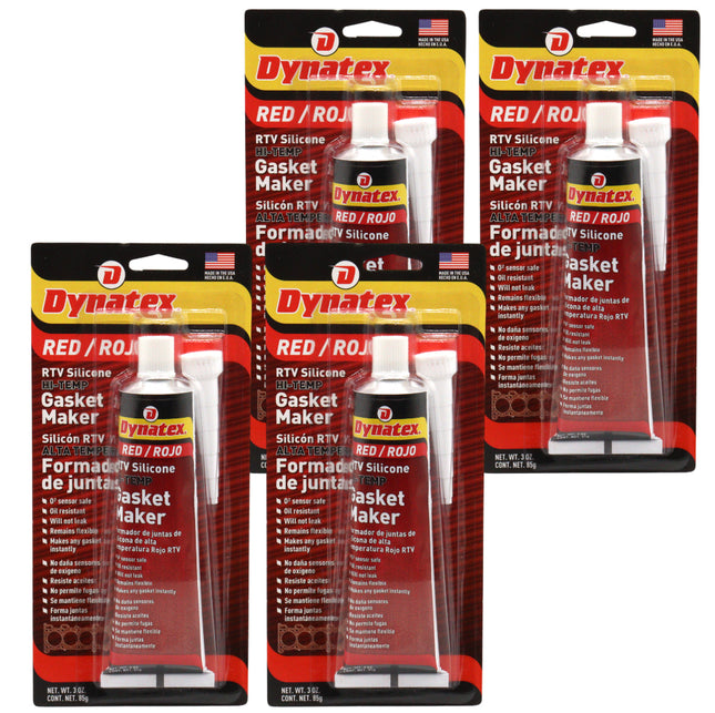 Dynatex Red Hi-Temp RTV Silicone Gasket Maker 3 oz Tube - Oxygen Sensor Safe, OEM Specs, 650°F Hi-Temp, Oil/Water Resistant, Made in the USA (4-Pack)