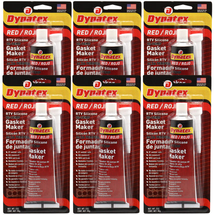 Dynatex Red Hi-Temp RTV Silicone Gasket Maker 3 oz Tube - Oxygen Sensor Safe, OEM Specs, 650°F Hi-Temp, Oil/Water Resistant, Made in the USA (6-Pack)