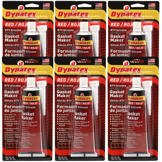 Dynatex Red Hi-Temp RTV Silicone Gasket Maker 3 oz Tube - Oxygen Sensor Safe, OEM Specs, 650°F Hi-Temp, Oil/Water Resistant, Made in the USA (6-Pack)