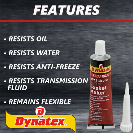 Dynatex Red Hi-Temp RTV Silicone Gasket Maker 3 oz Tube - Oxygen Sensor Safe, OEM Specs, 650°F Hi-Temp, Oil/Water Resistant, Made in the USA (8-Pack)