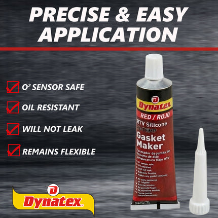 Dynatex Red Hi-Temp RTV Silicone Gasket Maker 3 oz Tube - Oxygen Sensor Safe, OEM Specs, 650°F Hi-Temp, Oil/Water Resistant, Made in the USA (8-Pack)
