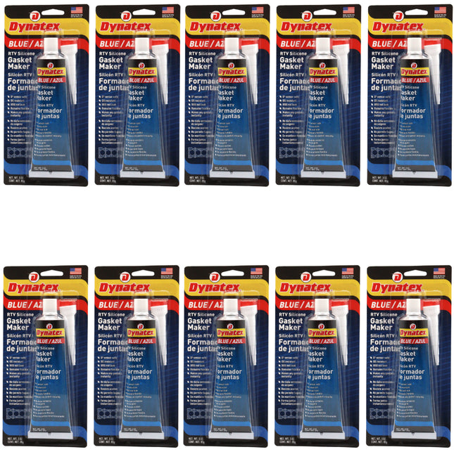Dynatex Blue RTV Silicone Gasket Maker 3 oz Tube - Oxygen Sensor Safe, OEM Specs, Gear Oil Resistant, Oil/Water Resistant, Made in the USA (10-Pack)
