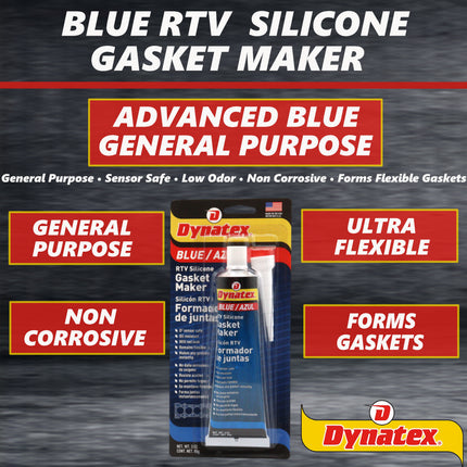 Dynatex Blue RTV Silicone Gasket Maker 3 oz Tube - Oxygen Sensor Safe, OEM Specs, Gear Oil Resistant, Oil/Water Resistant, Made in the USA (10-Pack)