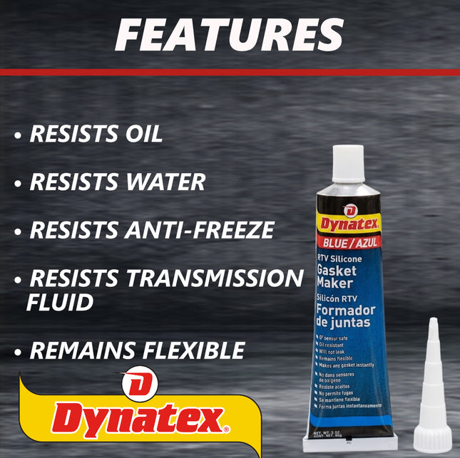 Dynatex Blue RTV Silicone Gasket Maker 3 oz Tube - Oxygen Sensor Safe, OEM Specs, Gear Oil Resistant, Oil/Water Resistant, Made in the USA (3-Pack)