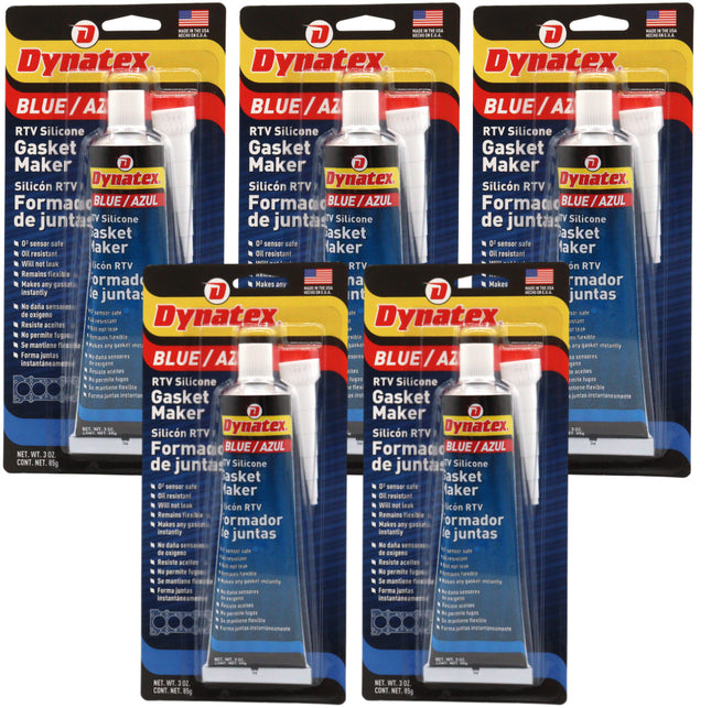 Dynatex Blue RTV Silicone Gasket Maker 3 oz Tube - Oxygen Sensor Safe, OEM Specs, Gear Oil Resistant, Oil/Water Resistant, Made in the USA (5-Pack)
