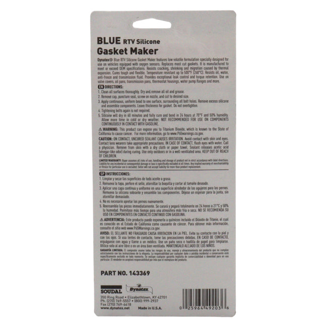 Dynatex Blue RTV Silicone Gasket Maker 3 oz Tube - Oxygen Sensor Safe, OEM Specs, Gear Oil Resistant, Oil/Water Resistant, Made in the USA (5-Pack)