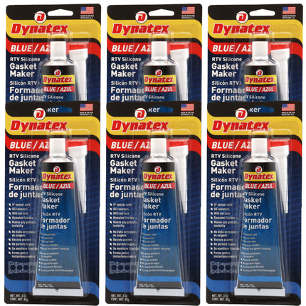 Dynatex Blue RTV Silicone Gasket Maker 3 oz Tube - Oxygen Sensor Safe, OEM Specs, Gear Oil Resistant, Oil/Water Resistant, Made in the USA (6-Pack)