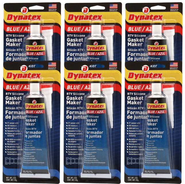 Dynatex Blue RTV Silicone Gasket Maker 3 oz Tube - Oxygen Sensor Safe, OEM Specs, Gear Oil Resistant, Oil/Water Resistant, Made in the USA (6-Pack)