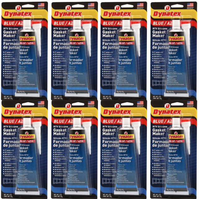 Dynatex Blue RTV Silicone Gasket Maker 3 oz Tube - Oxygen Sensor Safe, OEM Specs, Gear Oil Resistant, Oil/Water Resistant, Made in the USA (8-Pack)