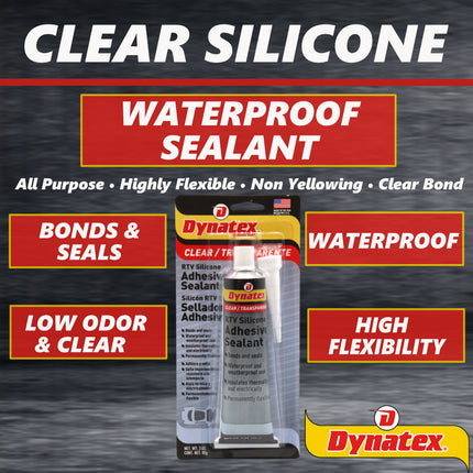 Dynatex RTV Clear Silicone Adhesive Sealant 3 oz Tube - Transparent Watertight Seal, Marine RV Industrial Use, Made in the USA (Single)
