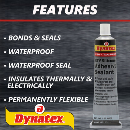 Dynatex RTV Clear Silicone Adhesive Sealant 3 oz Tube - Transparent Watertight Seal, Marine RV Industrial Use, Made in the USA (Single)