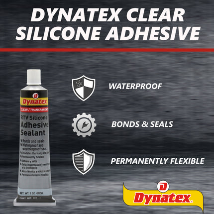 Dynatex RTV Clear Silicone Adhesive Sealant 3 oz Tube - Transparent Watertight Seal, Marine RV Industrial Use, Made in the USA (Single)