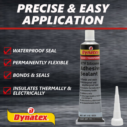 Dynatex RTV Clear Silicone Adhesive Sealant 3 oz Tube - Transparent Watertight Seal, Marine RV Industrial Use, Made in the USA (Single)