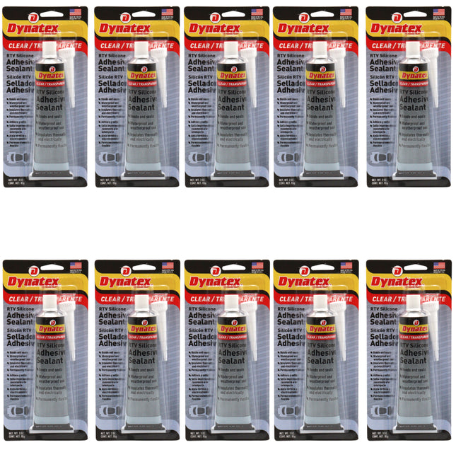 Dynatex RTV Clear Silicone Adhesive Sealant 3 oz Tube - Transparent Watertight Seal, Marine RV Industrial Use, Made in the USA (10-Pack)