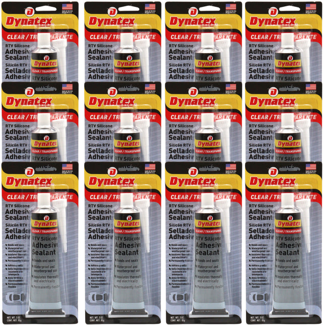 Dynatex RTV Clear Silicone Adhesive Sealant 3 oz Tube - Transparent Watertight Seal, Marine RV Industrial Use, Made in the USA (12-Pack)