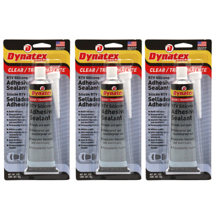 Dynatex RTV Clear Silicone Adhesive Sealant 3 oz Tube - Transparent Watertight Seal, Marine RV Industrial Use, Made in the USA (3-Pack)