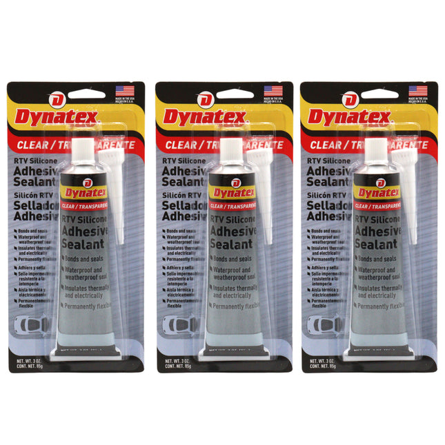 Dynatex RTV Clear Silicone Adhesive Sealant 3 oz Tube - Transparent Watertight Seal, Marine RV Industrial Use, Made in the USA (3-Pack)