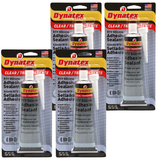 Dynatex RTV Clear Silicone Adhesive Sealant 3 oz Tube - Transparent Watertight Seal, Marine RV Industrial Use, Made in the USA (4-Pack)