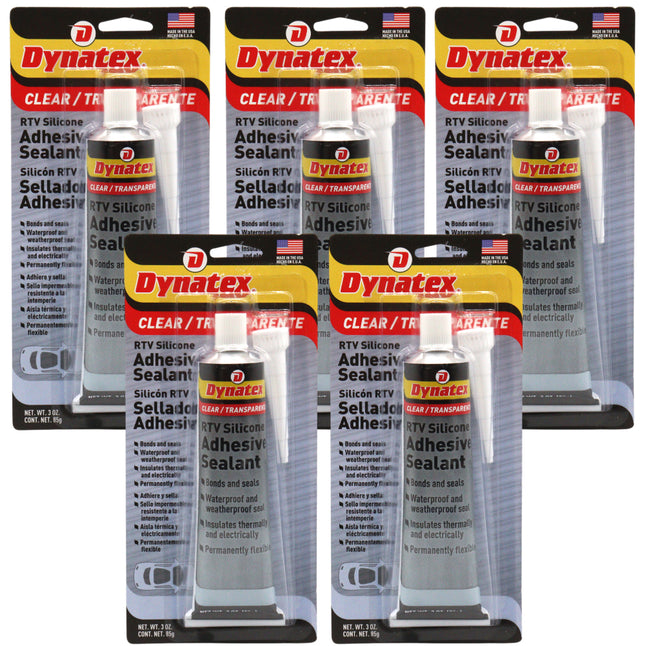 Dynatex RTV Clear Silicone Adhesive Sealant 3 oz Tube - Transparent Watertight Seal, Marine RV Industrial Use, Made in the USA (5-Pack)