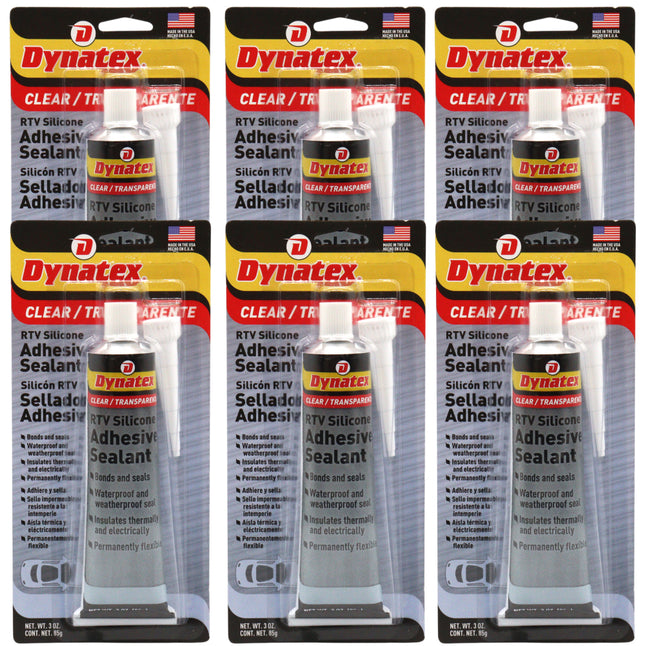 Dynatex RTV Clear Silicone Adhesive Sealant 3 oz Tube - Transparent Watertight Seal, Marine RV Industrial Use, Made in the USA (6-Pack)