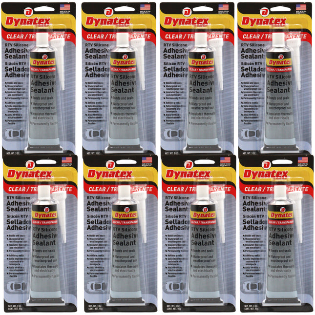 Dynatex RTV Clear Silicone Adhesive Sealant 3 oz Tube - Transparent Watertight Seal, Marine RV Industrial Use, Made in the USA (8-Pack)