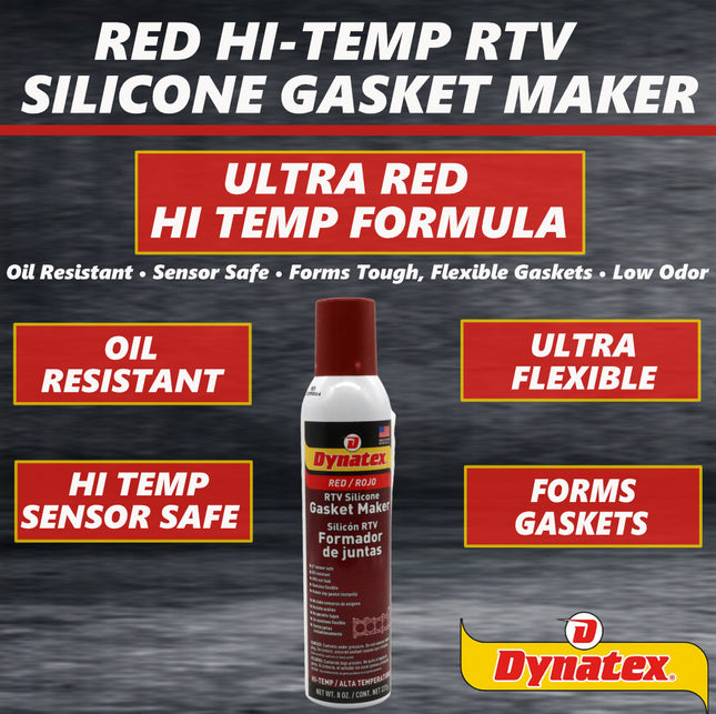 Dynatex Red Hi-Temp RTV Silicone Gasket Maker 8 oz Automatic Can - Oxygen Sensor Safe, OEM Specs, 650°F Hi-Temp, Oil/Water Resistant, Made in the USA (Single)