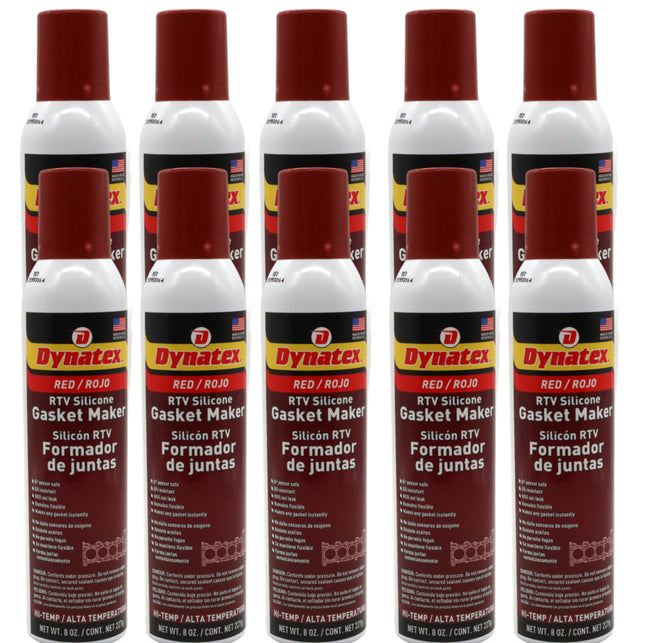 Dynatex Red Hi-Temp RTV Silicone Gasket Maker 8 oz Automatic Can - Oxygen Sensor Safe, OEM Specs, 650°F Hi-Temp, Oil/Water Resistant, Made in the USA (10-Pack)