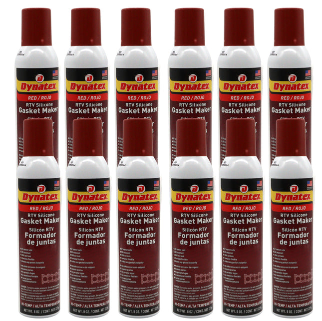 Dynatex Red Hi-Temp RTV Silicone Gasket Maker 8 oz Automatic Can - Oxygen Sensor Safe, OEM Specs, 650°F Hi-Temp, Oil/Water Resistant, Made in the USA (12-Pack)