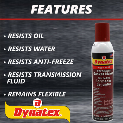 Dynatex Red Hi-Temp RTV Silicone Gasket Maker 8 oz Automatic Can - Oxygen Sensor Safe, OEM Specs, 650°F Hi-Temp, Oil/Water Resistant, Made in the USA (12-Pack)