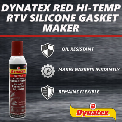 Dynatex Red Hi-Temp RTV Silicone Gasket Maker 8 oz Automatic Can - Oxygen Sensor Safe, OEM Specs, 650°F Hi-Temp, Oil/Water Resistant, Made in the USA (12-Pack)
