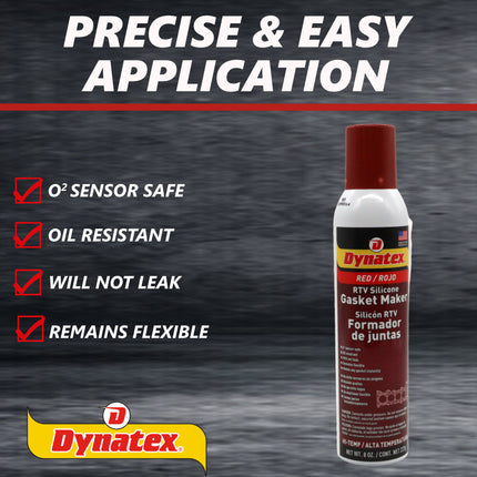 Dynatex Red Hi-Temp RTV Silicone Gasket Maker 8 oz Automatic Can - Oxygen Sensor Safe, OEM Specs, 650°F Hi-Temp, Oil/Water Resistant, Made in the USA (12-Pack)