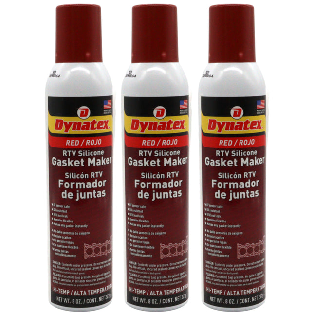 Dynatex Red Hi-Temp RTV Silicone Gasket Maker 8 oz Automatic Can - Oxygen Sensor Safe, OEM Specs, 650°F Hi-Temp, Oil/Water Resistant, Made in the USA (3-Pack)
