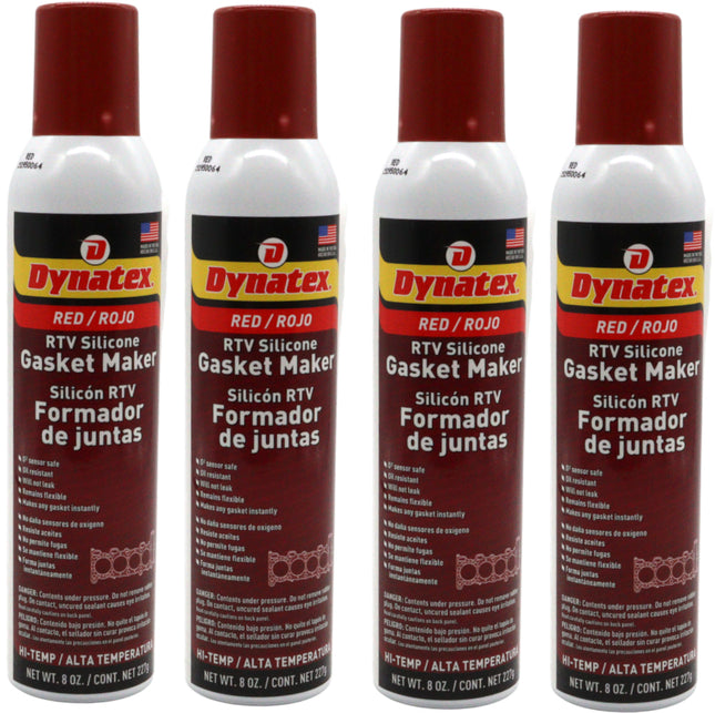 Dynatex Red Hi-Temp RTV Silicone Gasket Maker 8 oz Automatic Can - Oxygen Sensor Safe, OEM Specs, 650°F Hi-Temp, Oil/Water Resistant, Made in the USA (4-Pack)