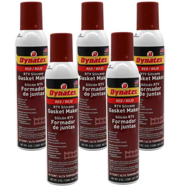 Dynatex Red Hi-Temp RTV Silicone Gasket Maker 8 oz Automatic Can - Oxygen Sensor Safe, OEM Specs, 650°F Hi-Temp, Oil/Water Resistant, Made in the USA (5-Pack)