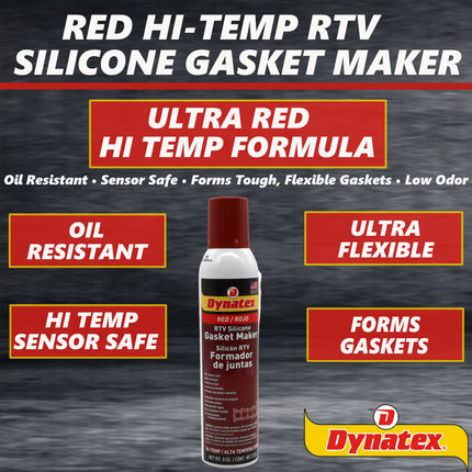 Dynatex Red Hi-Temp RTV Silicone Gasket Maker 8 oz Automatic Can - Oxygen Sensor Safe, OEM Specs, 650°F Hi-Temp, Oil/Water Resistant, Made in the USA (5-Pack)