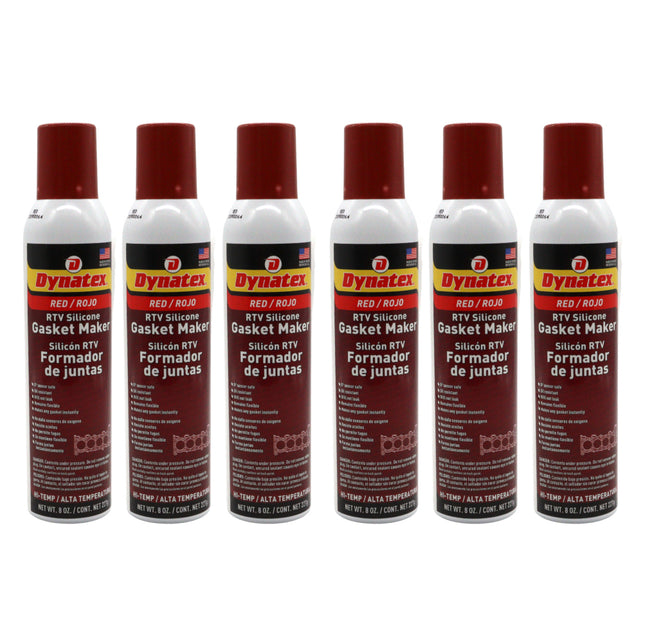 Dynatex Red Hi-Temp RTV Silicone Gasket Maker 8 oz Automatic Can - Oxygen Sensor Safe, OEM Specs, 650°F Hi-Temp, Oil/Water Resistant, Made in the USA (6-Pack)