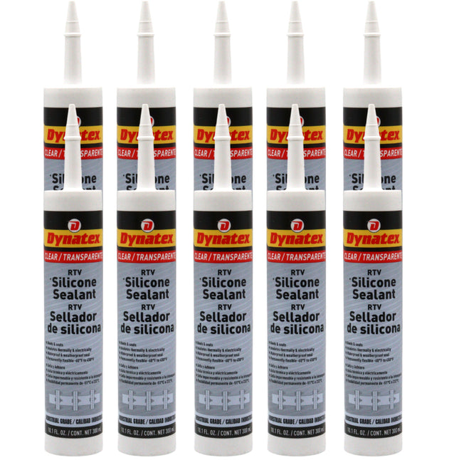 Dynatex Industrial Grade Clear Silicone Sealant 10.1 oz Caulk Tube - Tough Flexible Cure, Watertight Seal, Up to 500 Degrees F, Made in the USA (10-Pack)