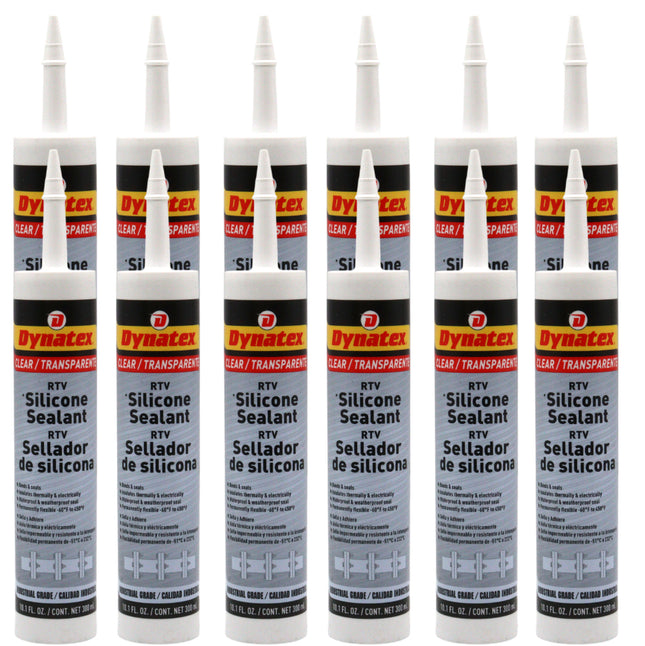 Dynatex Industrial Grade Clear Silicone Sealant 10.1 oz Caulk Tube - Tough Flexible Cure, Watertight Seal, Up to 500 Degrees F, Made in the USA (12-Pack)