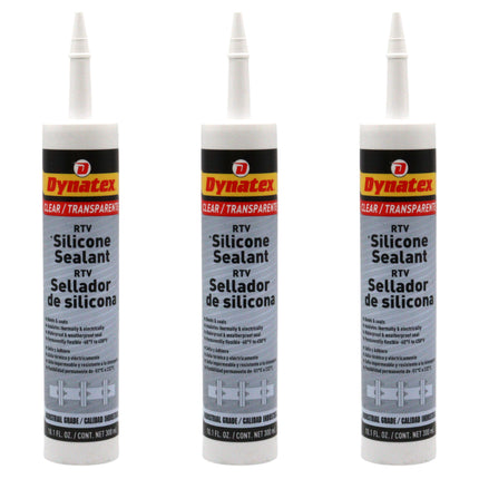 Dynatex Industrial Grade Clear Silicone Sealant 10.1 oz Caulk Tube - Tough Flexible Cure, Watertight Seal, Up to 500 Degrees F, Made in the USA (3-Pack)