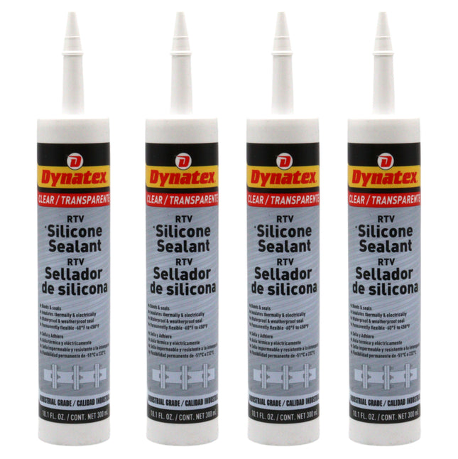 Dynatex Industrial Grade Clear Silicone Sealant 10.1 oz Caulk Tube - Tough Flexible Cure, Watertight Seal, Up to 500 Degrees F, Made in the USA (4-Pack)