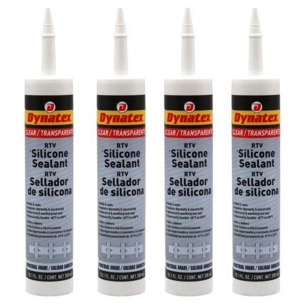 Dynatex Industrial Grade Clear Silicone Sealant 10.1 oz Caulk Tube - Tough Flexible Cure, Watertight Seal, Up to 500 Degrees F, Made in the USA (4-Pack)