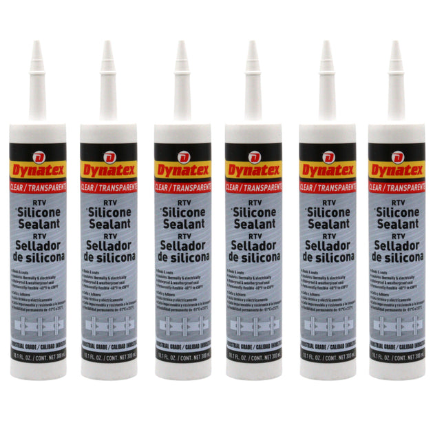 Dynatex Industrial Grade Clear Silicone Sealant 10.1 oz Caulk Tube - Tough Flexible Cure, Watertight Seal, Up to 500 Degrees F, Made in the USA (6-Pack)
